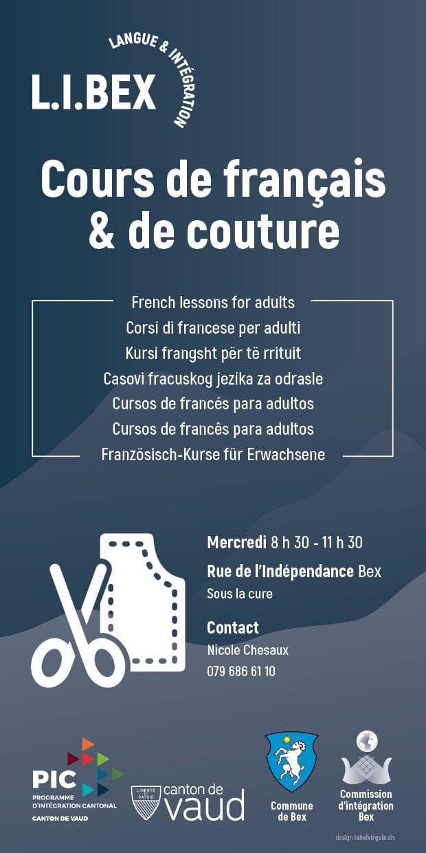 Flyer Langue & Intégration Bex: cours de français et de couture