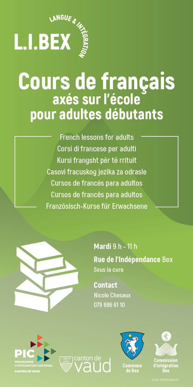 Flyer Langue & Intégration Bex: cours de français axés sur l'école pour adultes débutants